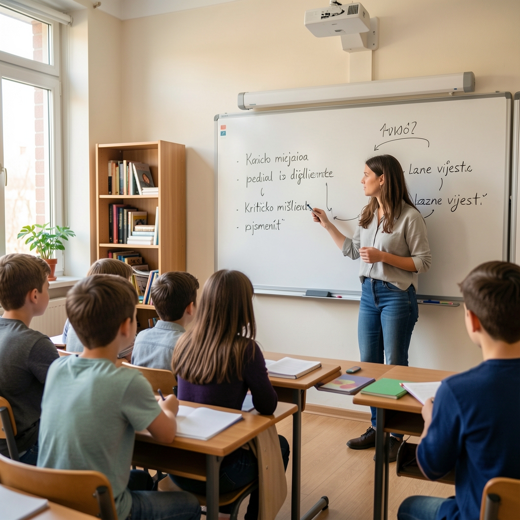 Mladi učenici u razredu prate predavanje o medijima i digitalnoj pismenosti — učiteljica piše na bijeloj ploči pojmove poput kritičko mišljenje i lažne vijesti