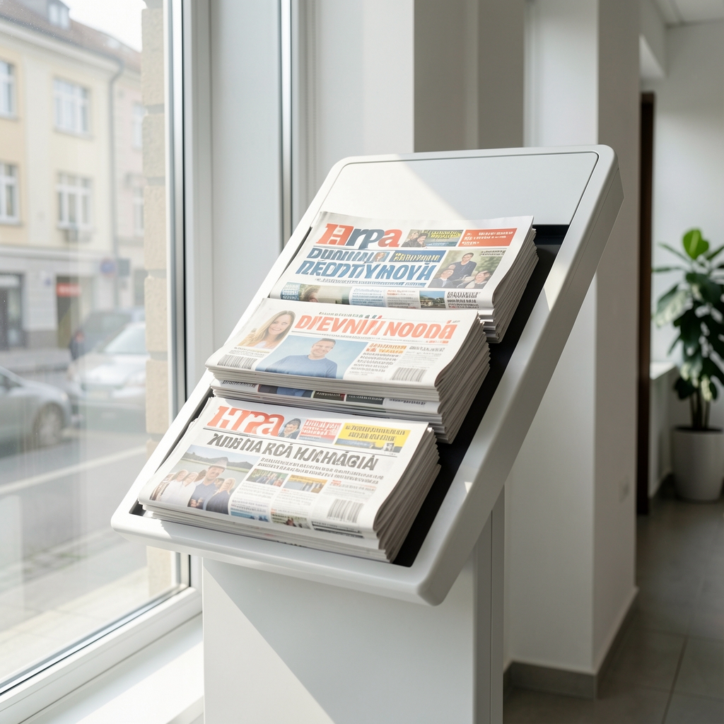 Hrpa dnevnih novina složenih na kiosku — vidljivi naslovi hrvatskih dnevnih listova, jutarnje svjetlo prodire kroz prozor