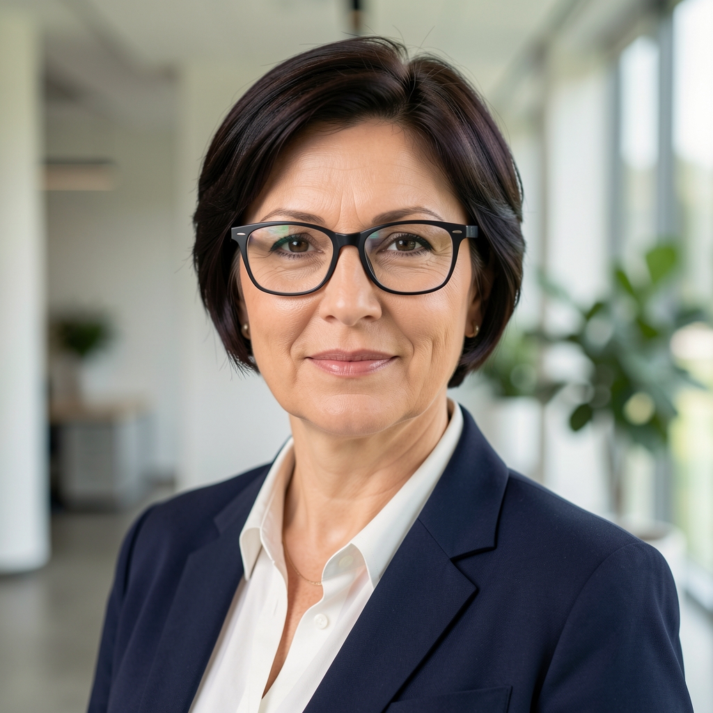 Portret žene srednje dobi, profesionalnog izgleda, u modernom uredskom okruženju, s kratkom tamnom kosom i naočalama