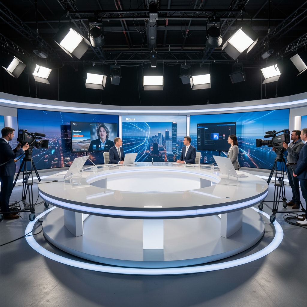 Televizijski studio s modernom studijskom opremom i osvjetljenjem, prazna TV klupa u prvom planu, ekrani s vijestima u pozadini